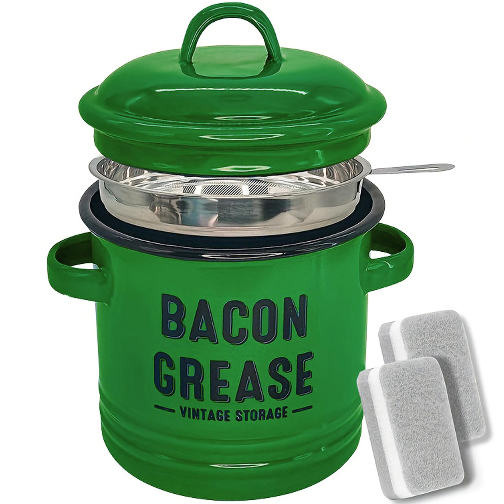 Tsawntd Bacon Grease Container Enamel Bacon Grease Saver with Strainer & Spatula Oil Can for Cooking Frying, Baking, Fat Storage Jar, Dishwasher Safe Green Saver with Strainer