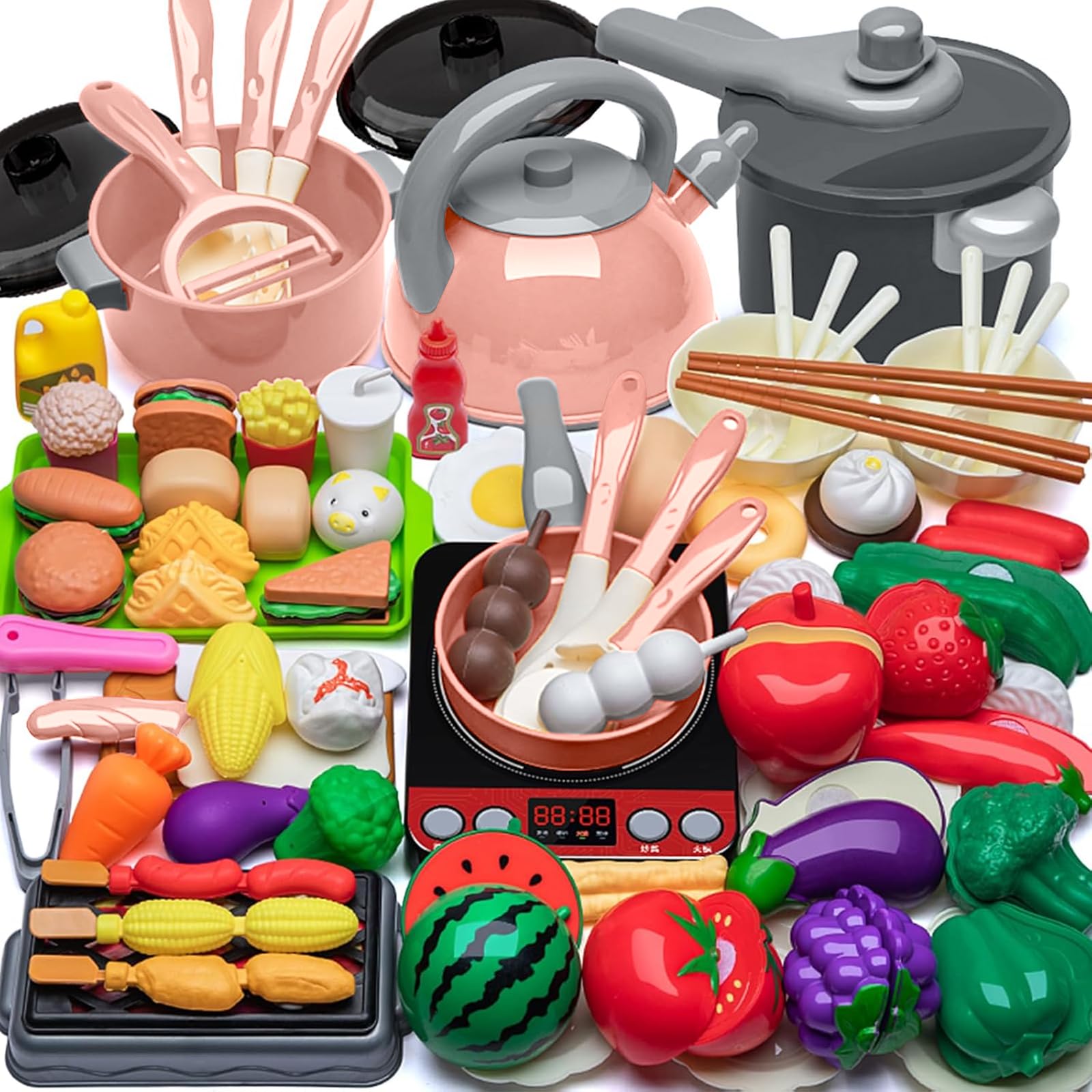 76 Pcs Accesorios de Juguetes de Cocina para Niños, Juguetes de Cocina con Ollas y Sartenes, Juego de Roles de Chef Infantil para Niños y Niñas de 3 4 5 6 7 8 Años