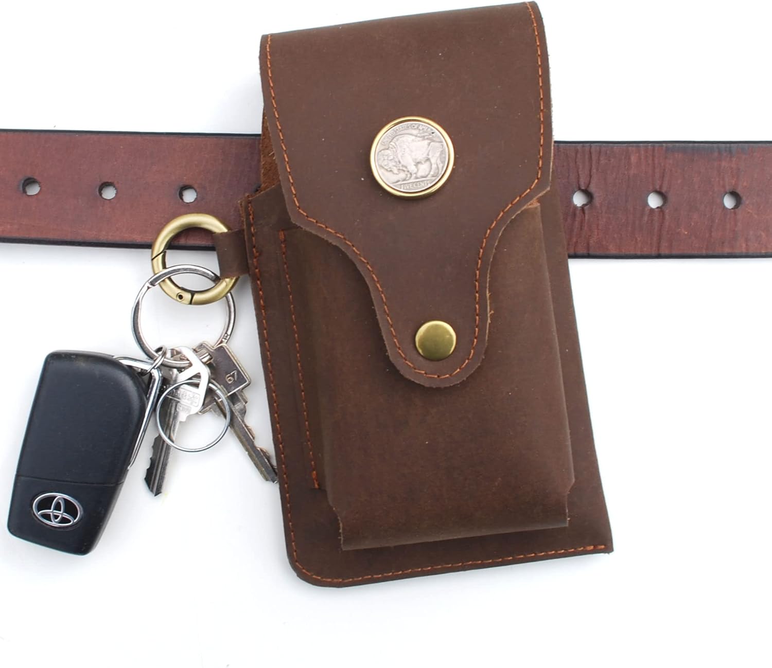 US 1913~1938 Indian Head Buffalo Nickel Coin Leather Cell Phone Holster Smart Phone Pouch with Belt Loop Key Ring Cigarette Box Lighter Holder for iPhone 13 12 11 10 9 Samsung Galaxy Android Others