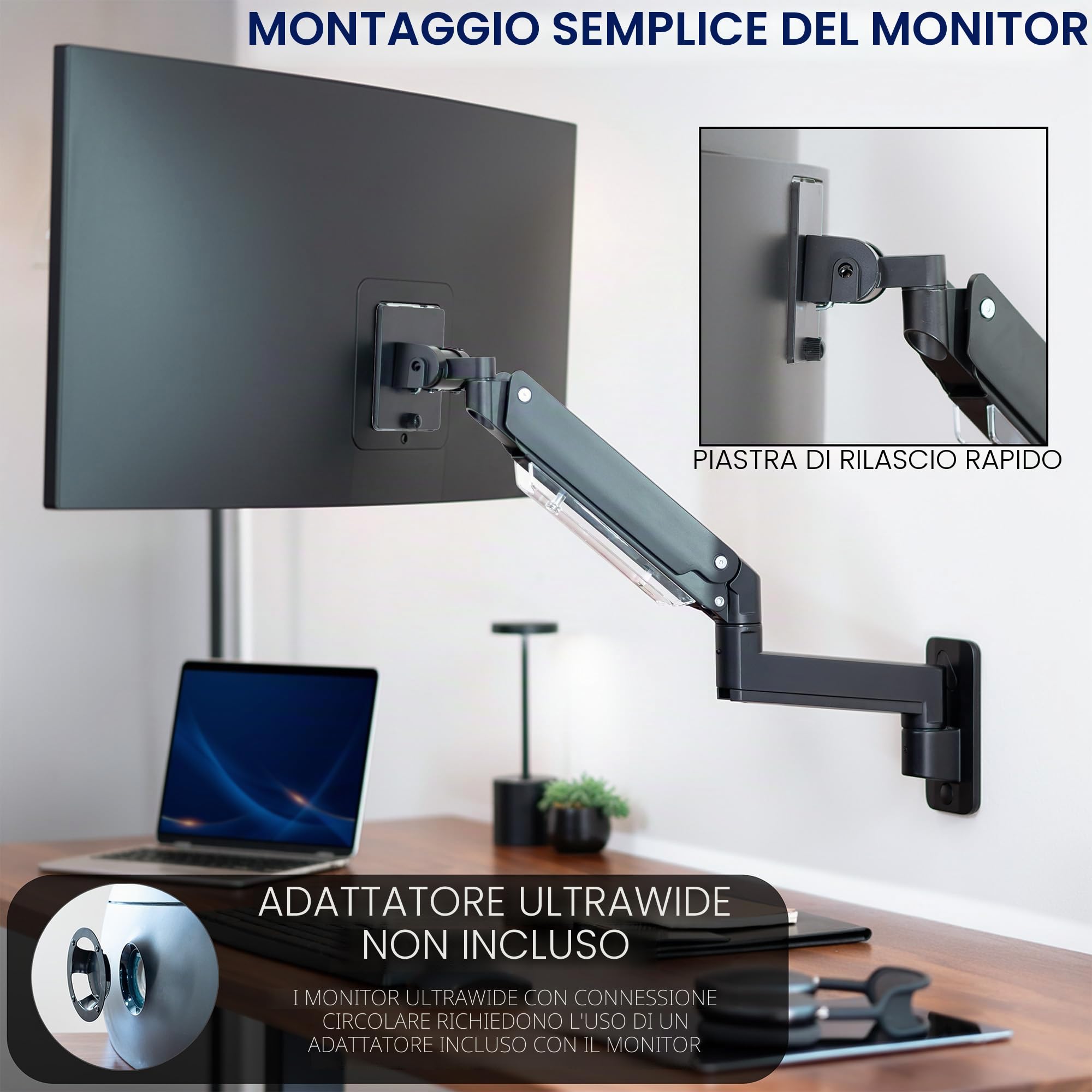 VIVO Braccio per monitor ultrawide in alluminio resistente di alta qualità per schermi fino a 49" e 20 kg, montaggio a parete singola, altezza pneumatica, max VESA 100 x 100, nero, MOUNT-V101G1