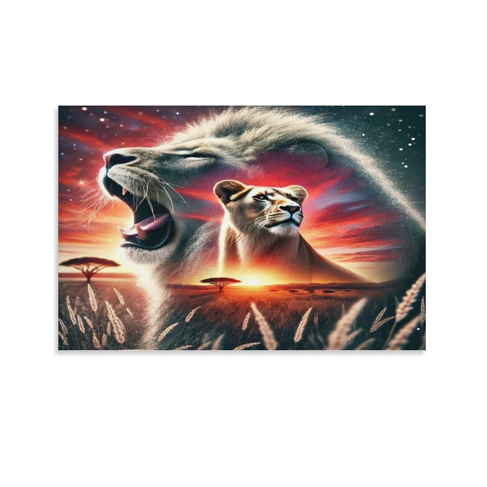 CPLVKWRQJ Spectral Lion with Skulls And Apples Individual Two Savanna Lions Sunset Double Exposure Canvas Wall Decor - Nursery Wall Hanging Space Saving Removable Ready to Hang 20x30inch(50x75cm)