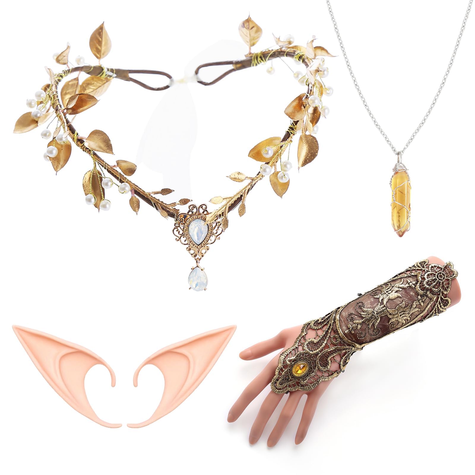 GLGHMH 4PCS Forest Fairy Ears Costume Accessories, WoodlandFairy Crown Headband Lace Gloves Pixie Elf Ear VikingNecklace, Renaissance Elf Costume for Women GirlsHalloween Cosplay Costume Party (gold)