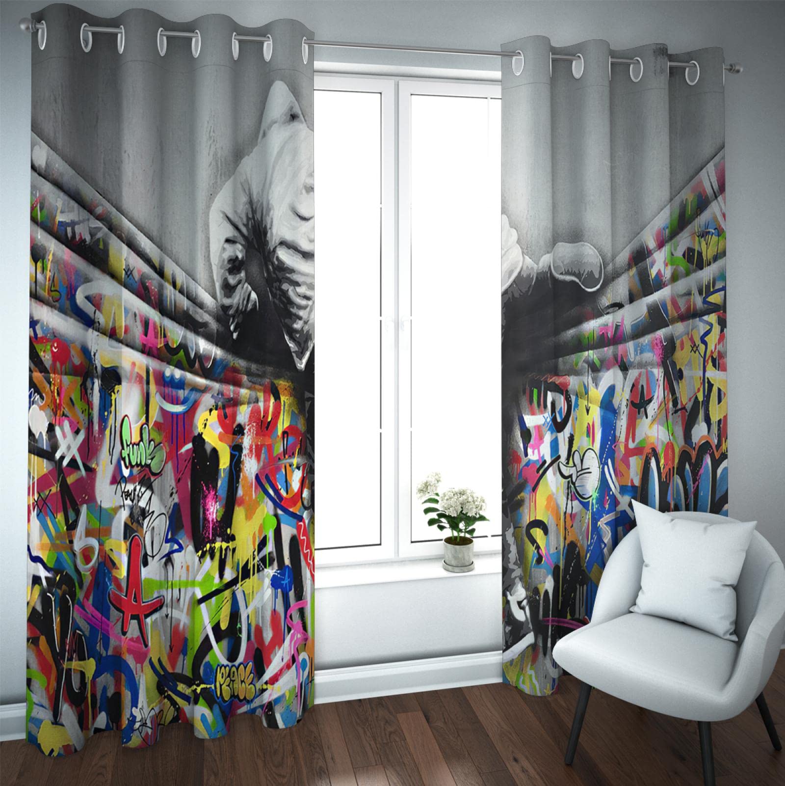 Room Darkening Living Room Bedroom Curtain Thermal Insulated Curtain Banksy Boy Curtain Grommet Top Window Curtain 2 Panels L54xW46