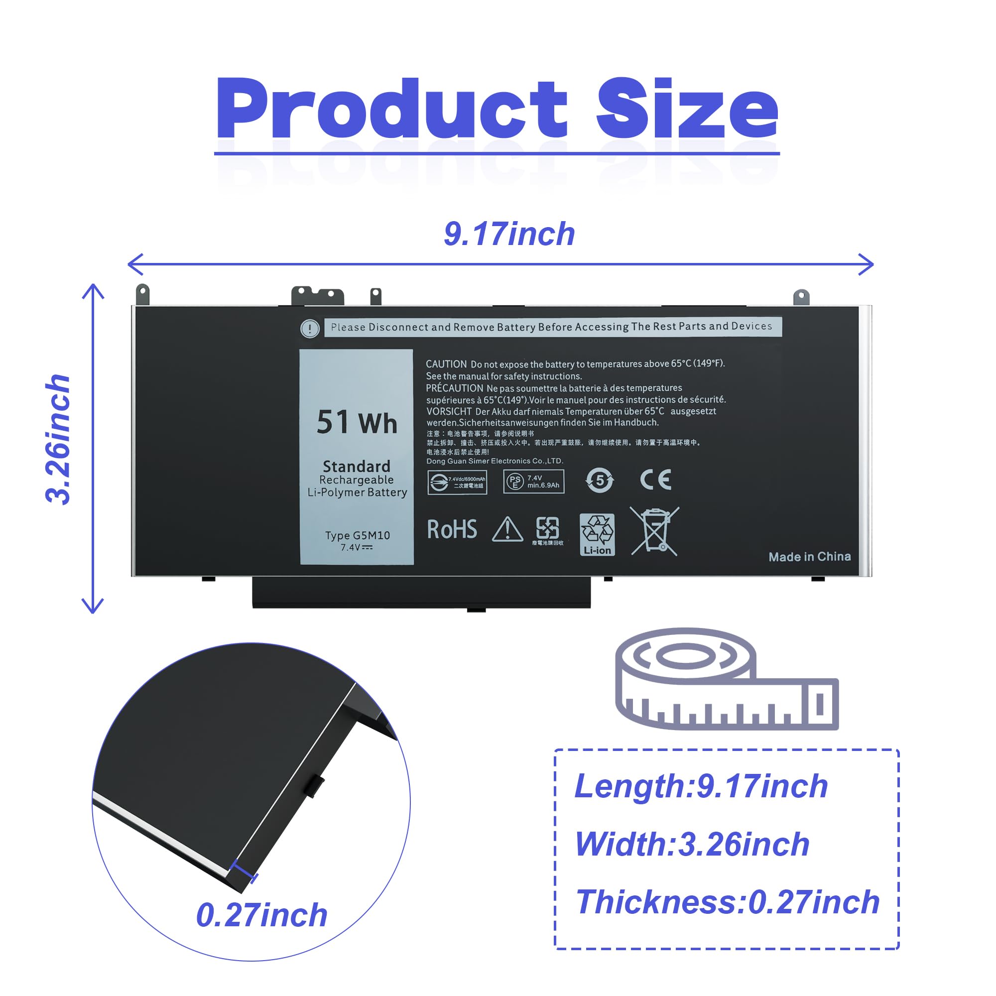 SLE-TECH G5M10 Battery for Dell Latitude 14 E5450 15 E5550 E5250 P48G001 Series 15.6 inch, 8V5GX R9XM9 1KY05 08V5GX VMKXM 5XFWC PF59Y WYJC2 0WYJC2 TXF9M 451-BBLN 451-BBLL 451-BBLK, 7.4V 51WH 4-Cell