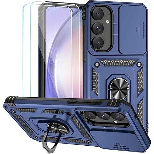 Compatible with Samsung Galaxy A35 5G Case with HD Screen Protector & Rotated Ring Kickstand, [2 in 1] Heavy Duty Shockproof Phone Case, A_Camera_Cover_Blue