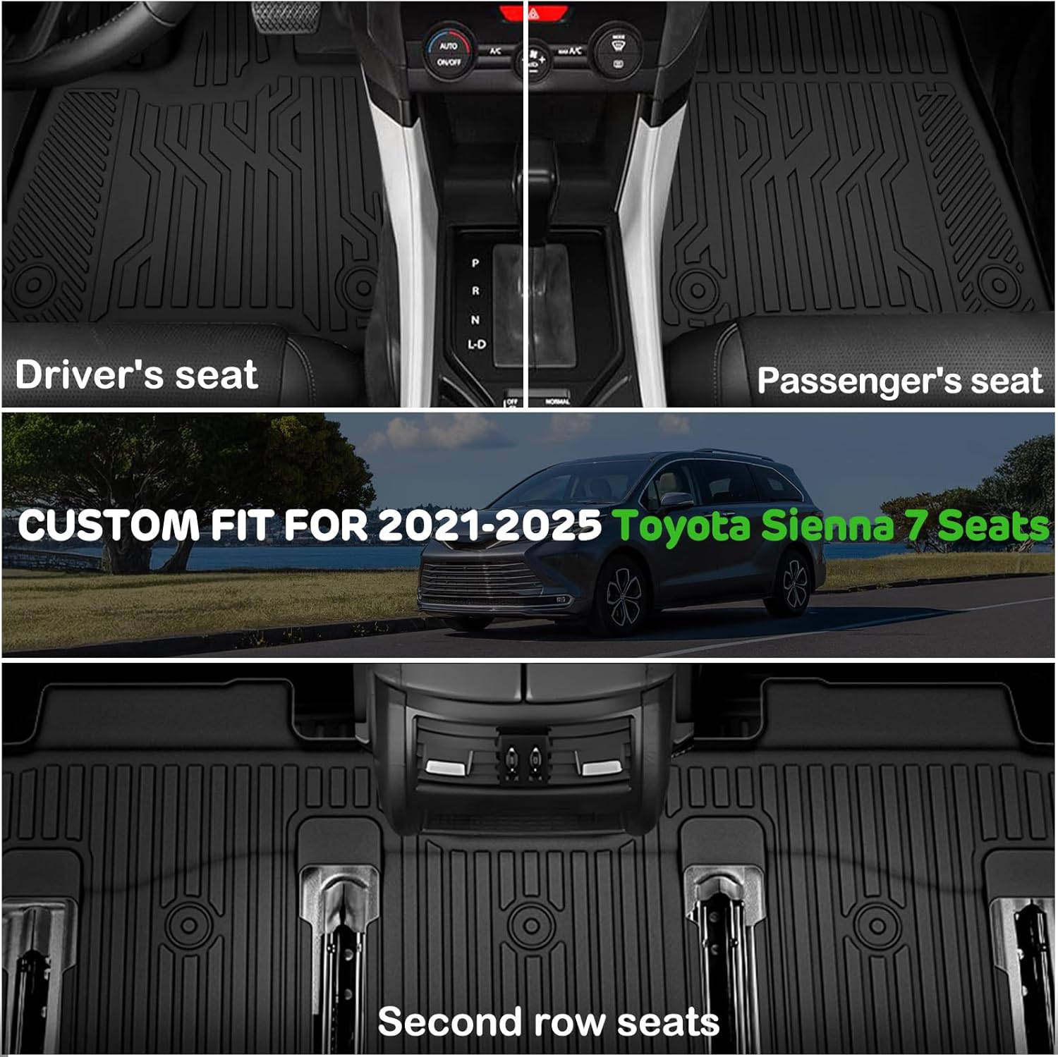 Floor Mats for Toyota Sienna 7 Seats 2021-2025(Not fit 2025 Platinum) Upgrade Trunk Mat All Weather TPE Floor Liners Fit for Sienna XLE/XSE/Limited/Edition Cargo Liner Anti-Slip Full Set Car Mats
