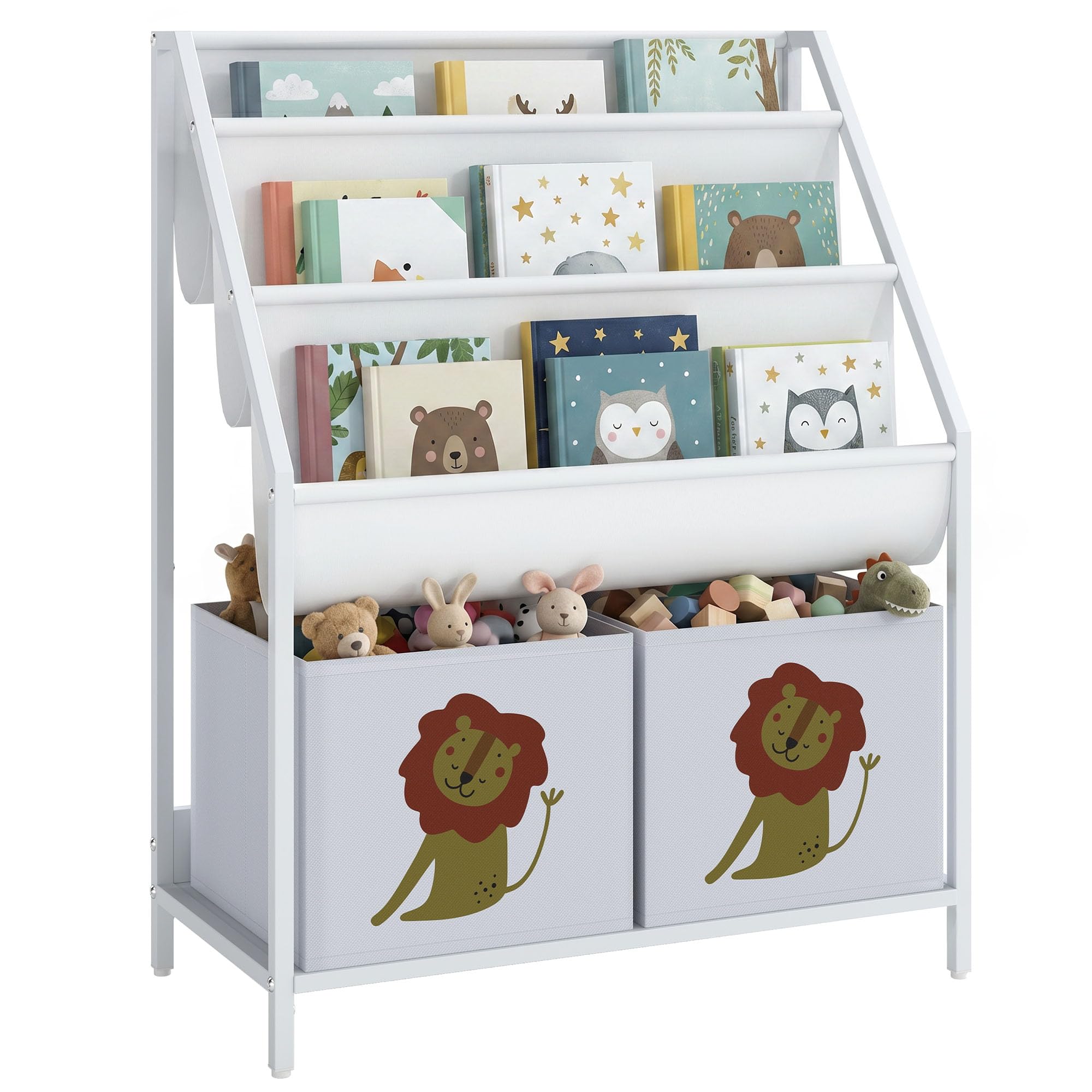 AIYAPLAY Librería Infantil de 4 Niveles Montessori Niños 76 cm Blanco | Estantería para Libros, 3 Estantes, 2 Cajones de Tela, Diseño de León, Sala de Juegos, Dormitorio, Guardería