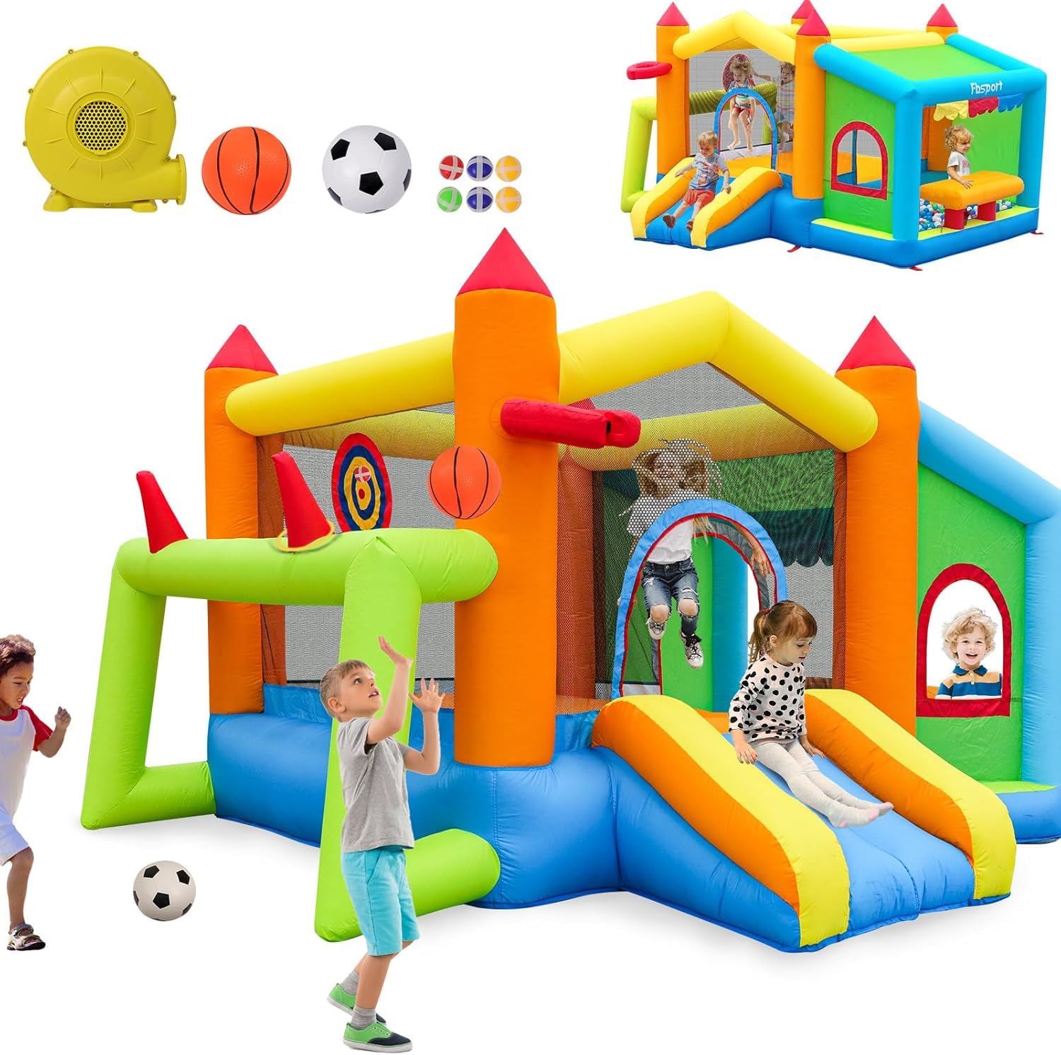 FBSPORT château Gonflable Exterieur Enfant avec souffleur Aire de Jeux Gonflable château Gonflable Piscine Meilleur Cadeau de Vacances/d'anniversaire pour Les Enfants
