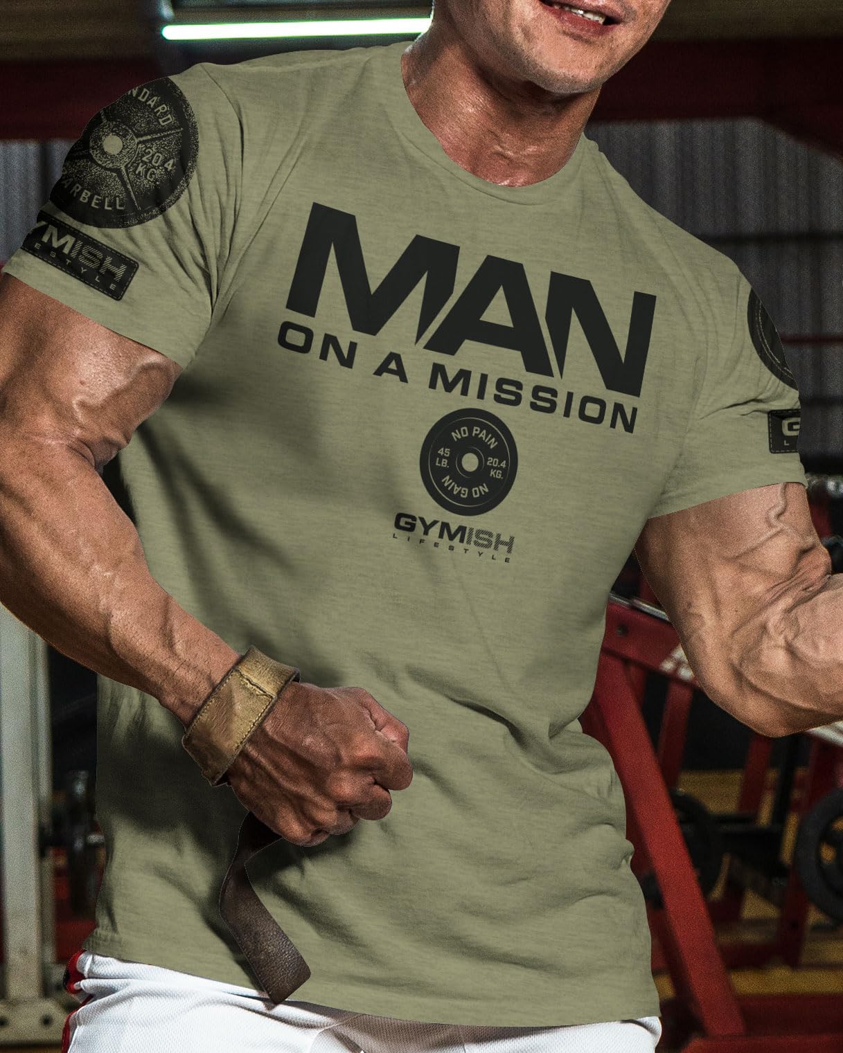 Man on Mission Workout Shirts for Men, Motivational Gym Funny Lifting T-Shirts (Man on Mission Military Green Branded, LG)