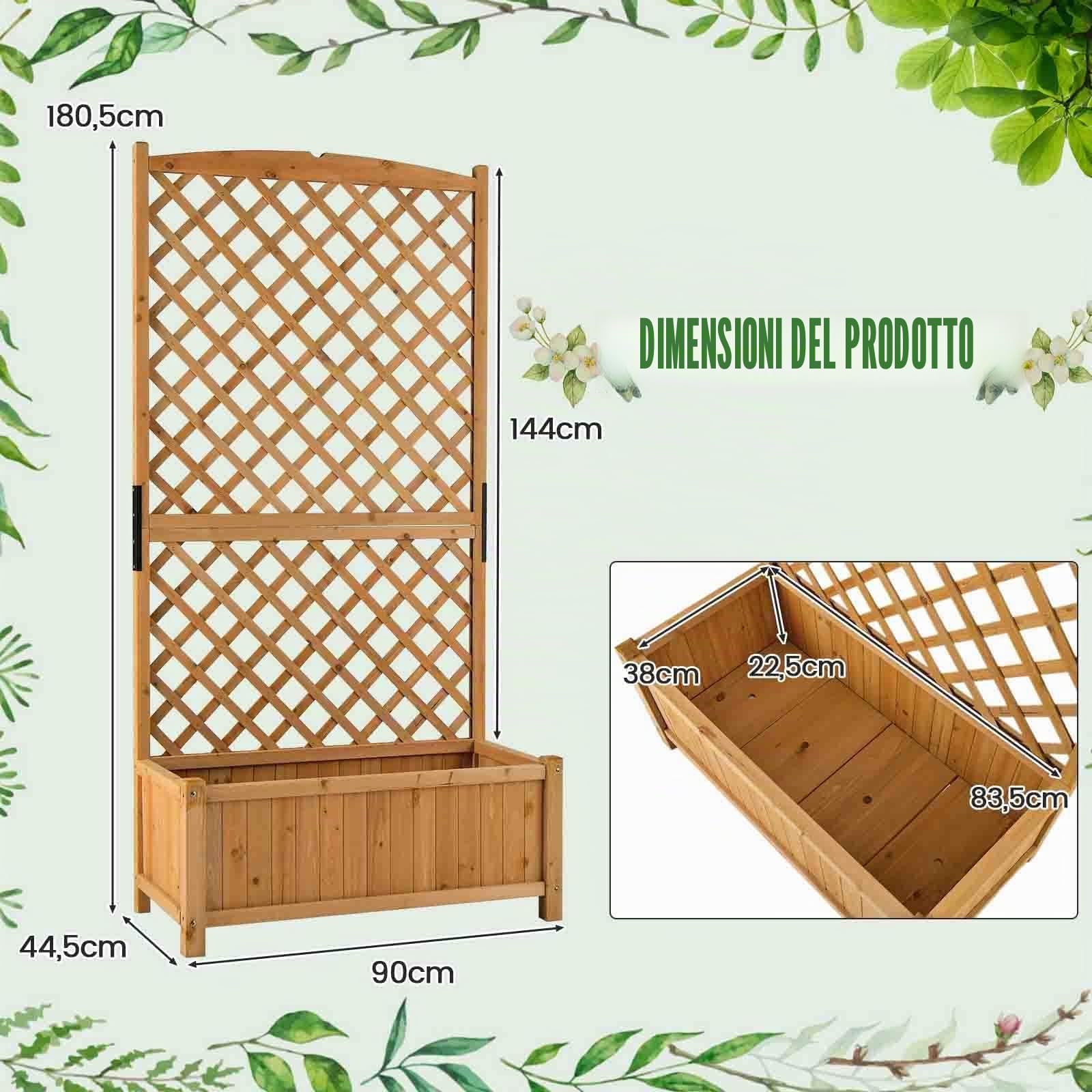 FANTASK traliccio con traliccio e foro di drenaggio, fioriera con fioriera in legno di abete, aiuola rialzata da giardino