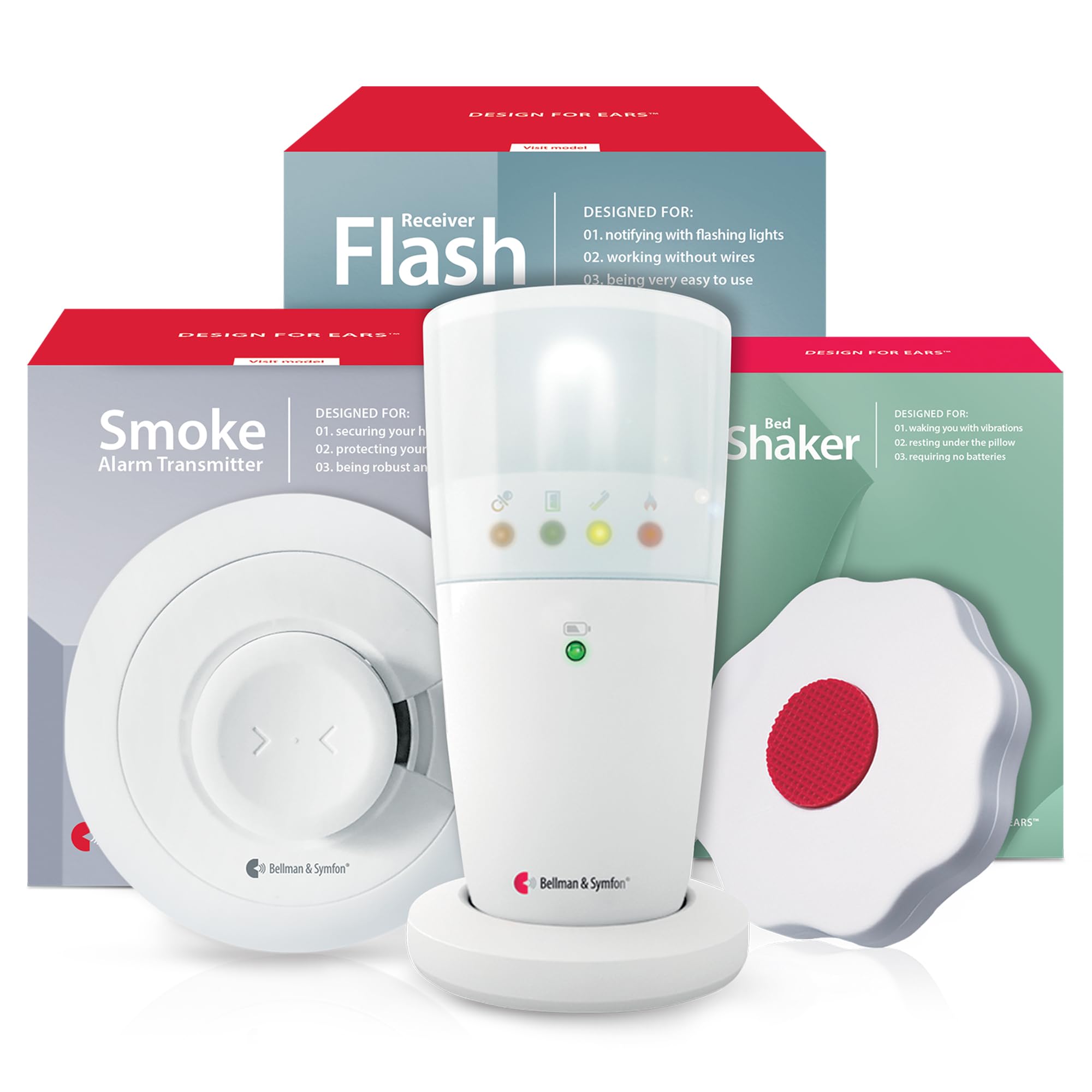 Bellman & Symfon Smoke Alarm Notification System with Flash Receiver and Bed Shaker - Flashing Light and Vibrations Alerts – Ideal for Deaf, Hard of