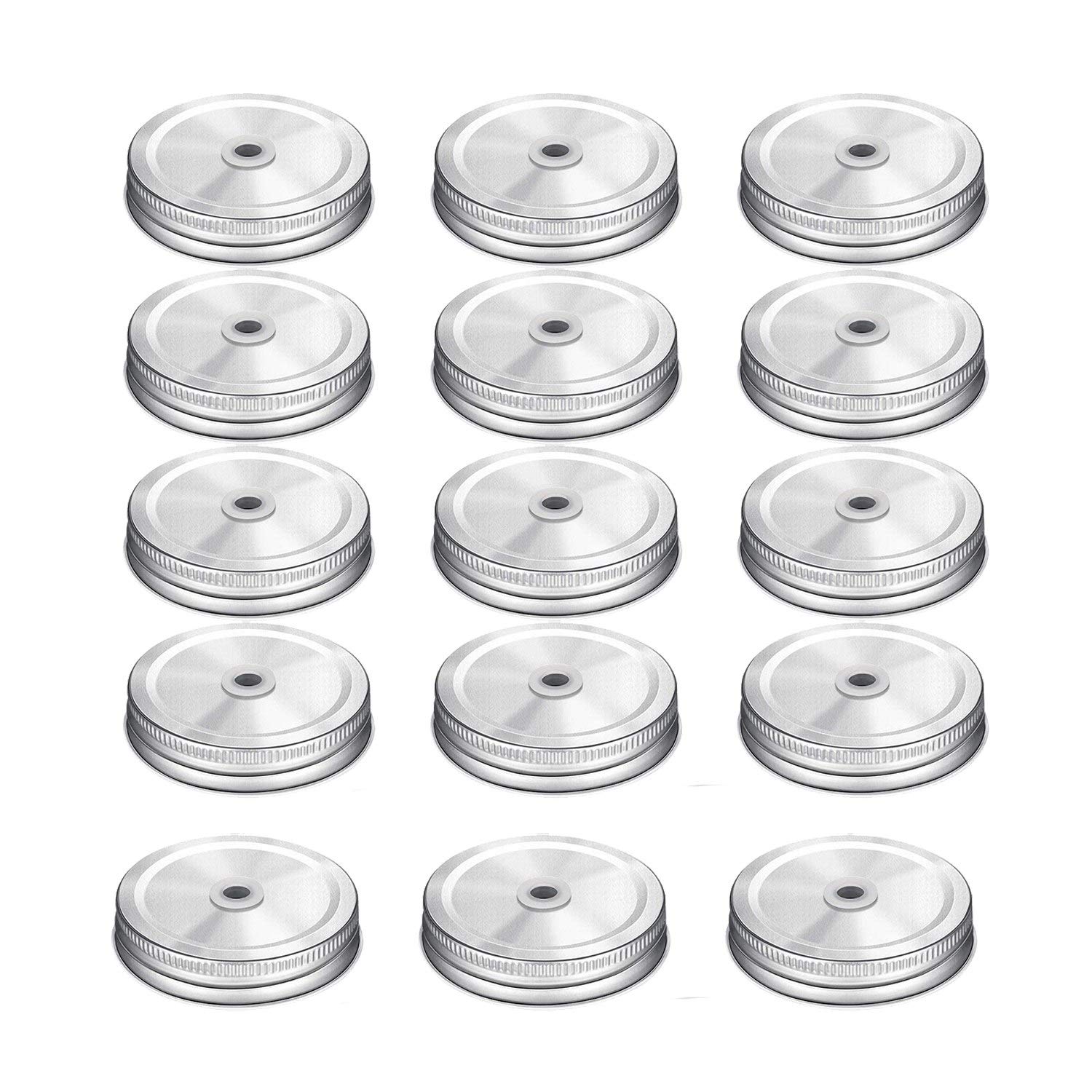 Uniquk Silver 15 Packs Steel Regular Mouth Mason Jar Lids With Straw Hole Compatible With Mason Jar