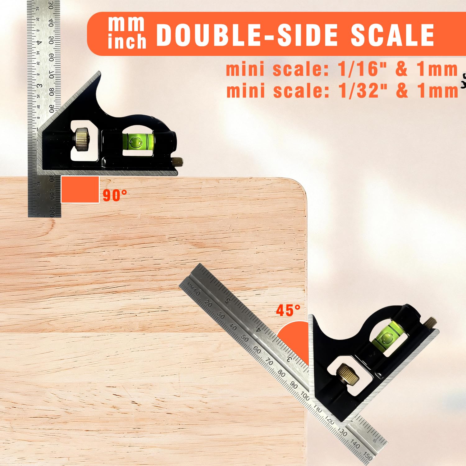 Combination Square, 6-Inch Precision Combo Square with Stainless Steel Ruler, Zinc Alloy Body & Bubble Level – Multi-Function Measuring Tool for Woodworking, Carpentry, and DIY Projects