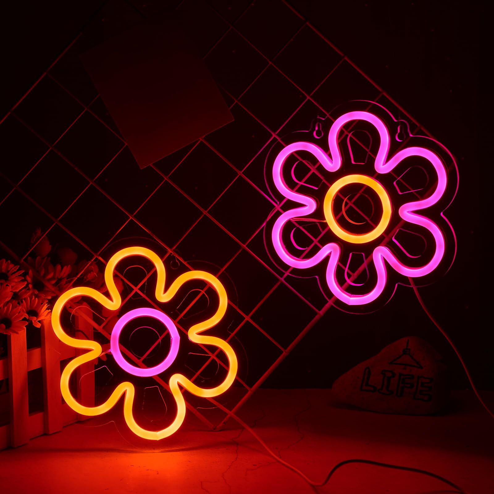 Bonuci 2 Pieces Flower Neon Sign 7.87 Inch Daisy LED Lights USB Powered Pink Retro Flower Shaped Neon Sign for Room Wall Decor Home Shop Wedding Birthday Party Decoration(Pink, Yellow)