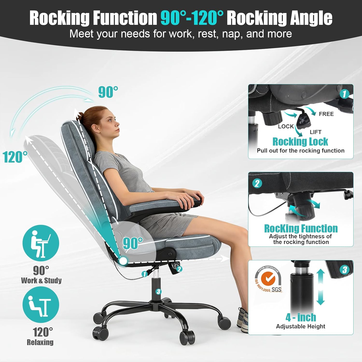 Big and Tall Office Chair with Adjustable Lumbar Support,Breathable Fabric High Back Desk Computer Chair with Adjustable Flip-up Armrests,Ergonomic Swivel PC Chair with Rocking Function
