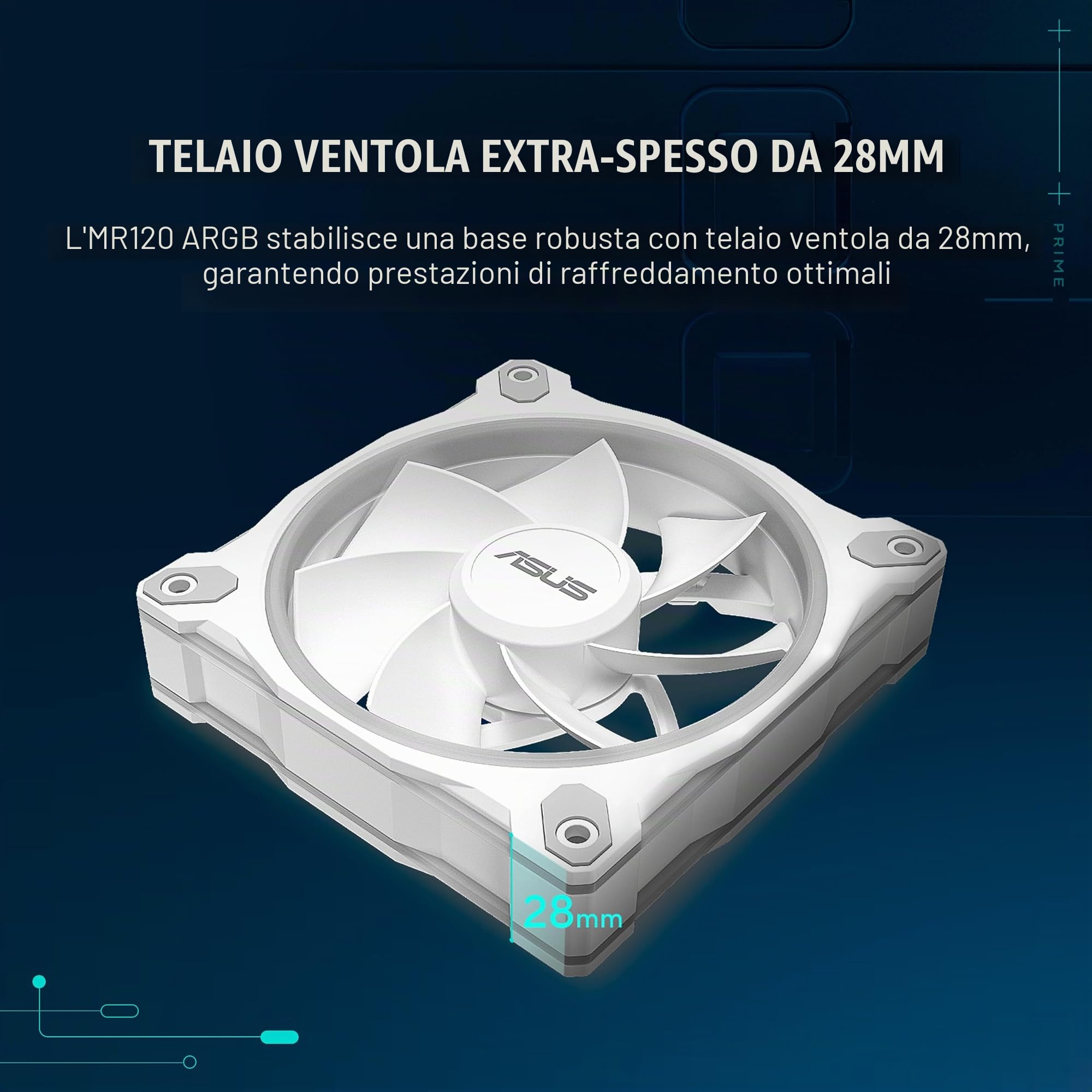 ASUS Prime MR120 ARGB Reverse, Ventola per Case da 120 mm, Spessore Telaio 2,8 cm, 20 LED ARGB Compatibili con Aura Sync per Illuminazione da Entrambi i Lati, 23 dB di Rumore, 3 Pezzi, Bianco