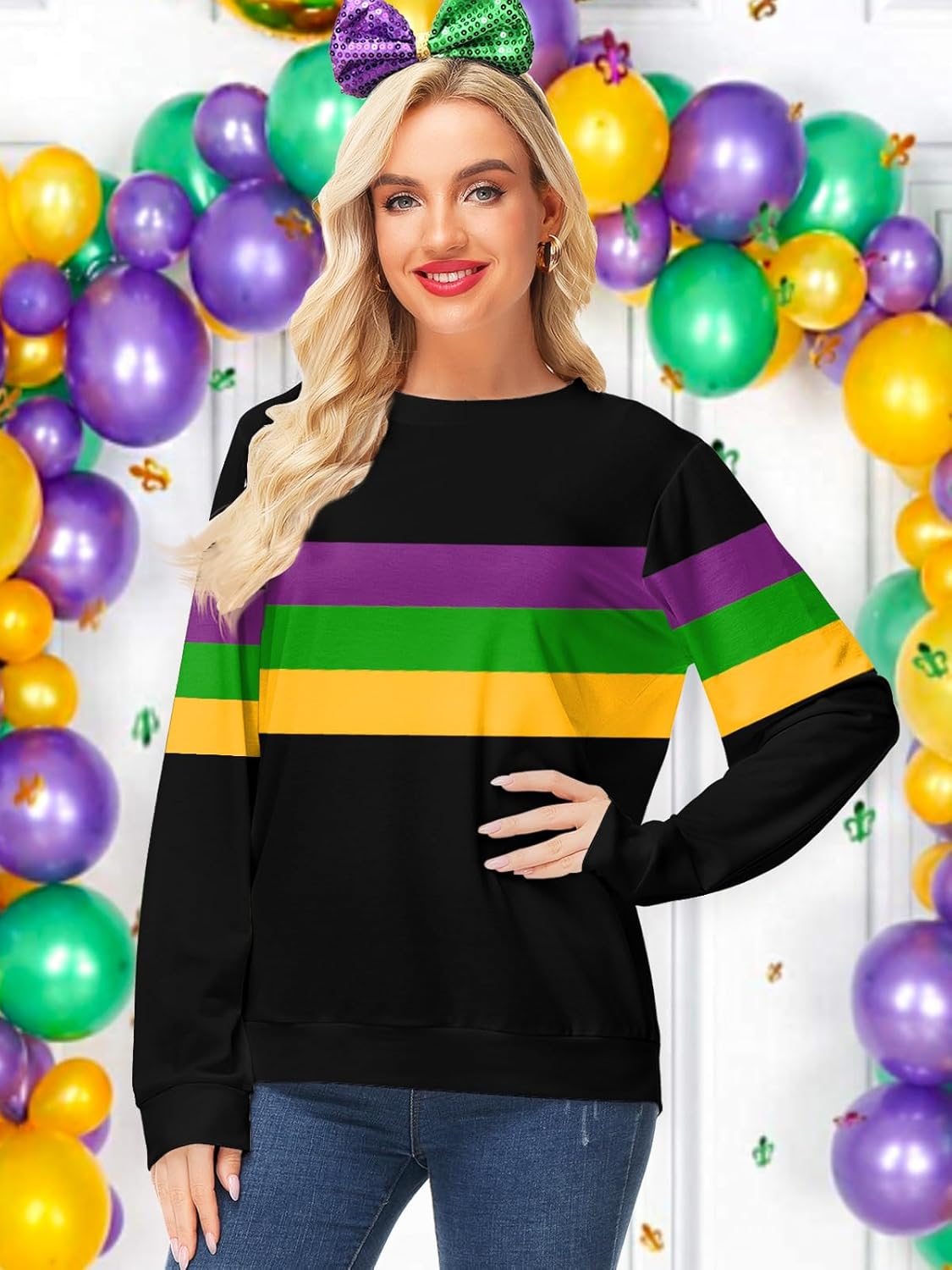Deerose Women Valentines Sweatshirts Mardi Gras Long Sleeve Print Shirts - Image 3