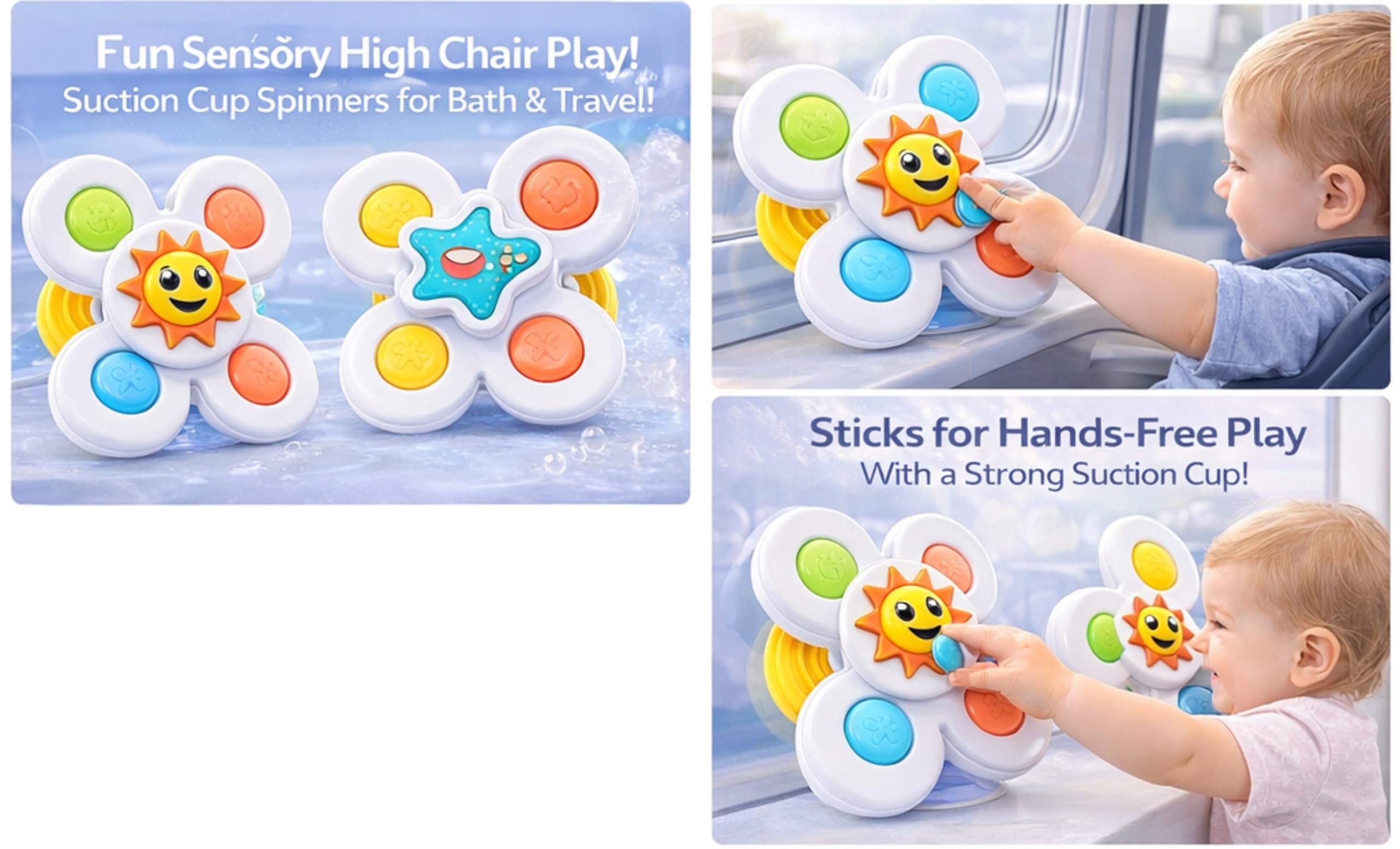 PB Prime Brands Strong Suction Cup Fidget Rotating Sensory Bath Toys for Baby 6 12 18 Months Airplane Car Travel Table & Window Toys for 1 2 Years Old Toddler Boys and Girls (Sun Spinner Popit) 3