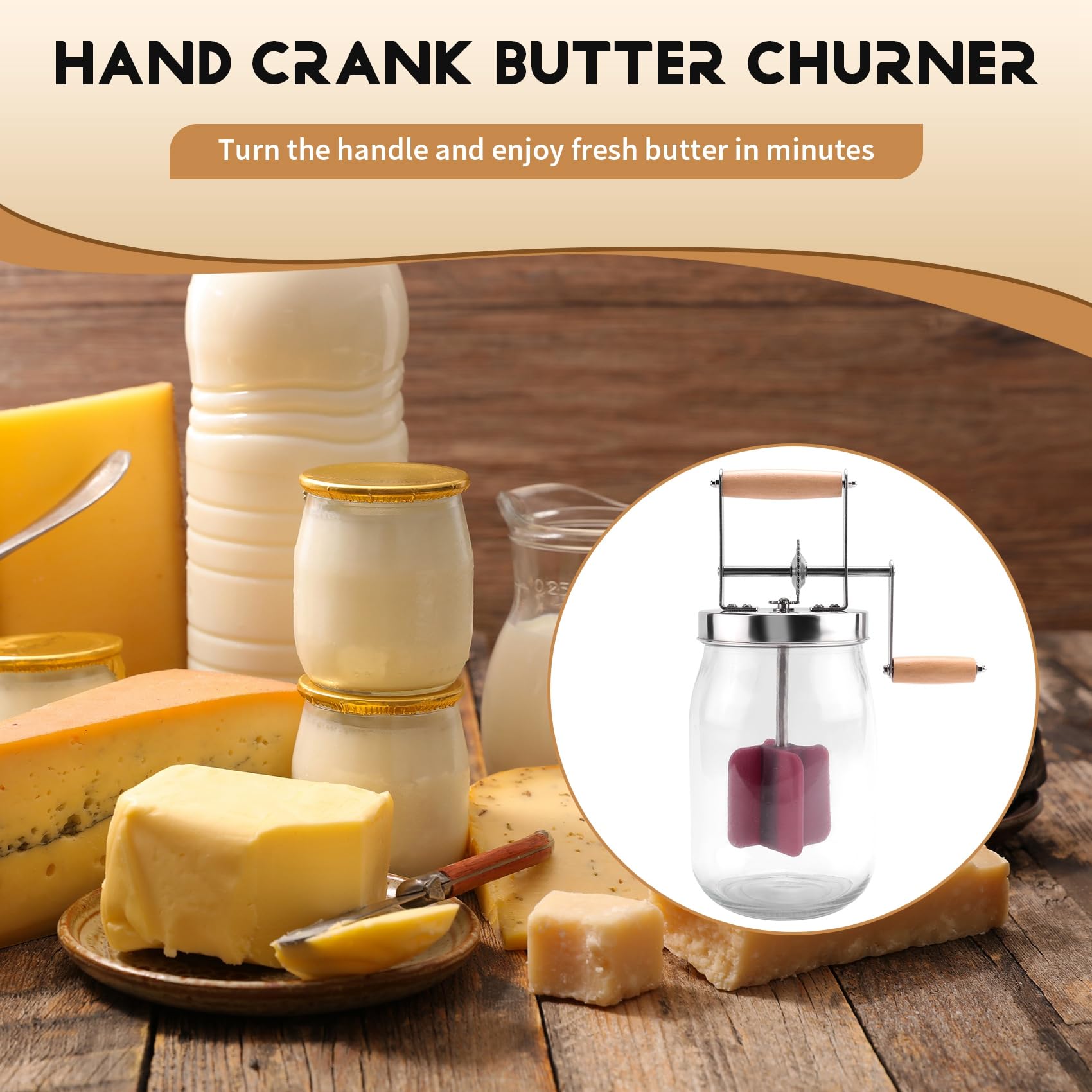 Handkurbel Butterkanne Manueller Butterbereiter Sahnemixer Silikon Lebensmittel Rührwerkzeug Glas Küchenzubehör 1L