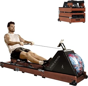Rowing Machine for Home Gym, Water Resistance Rower Machine,Triple Folding Rowing Machine with LED Monitor, App Compatible Walnut