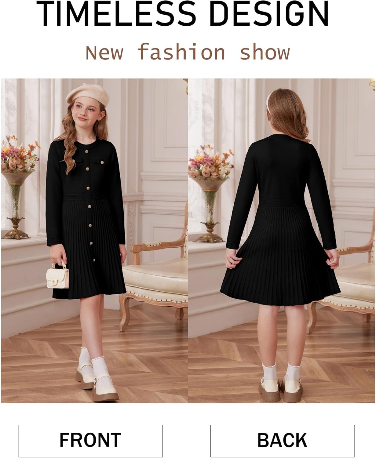 GRACE KARIN Girls Sweater Fall Dress Long Sleeve Knit Button Front Pleated A-Line Casual Winter Midi Dresses 5-14Y - Image 2