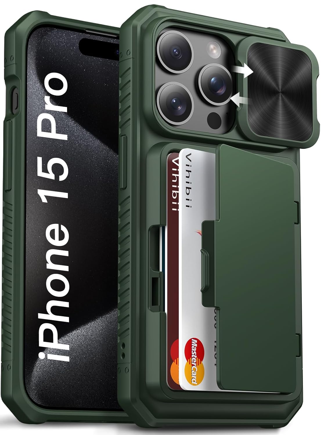 Vihibii for iPhone 15 Pro Wallet Back Cover with Card Holder (4 Cards) & Slide Camera & Kickstand, Shockproof Case for iPhone 15 Pro 6.1″ 2023, Green offers donot miss