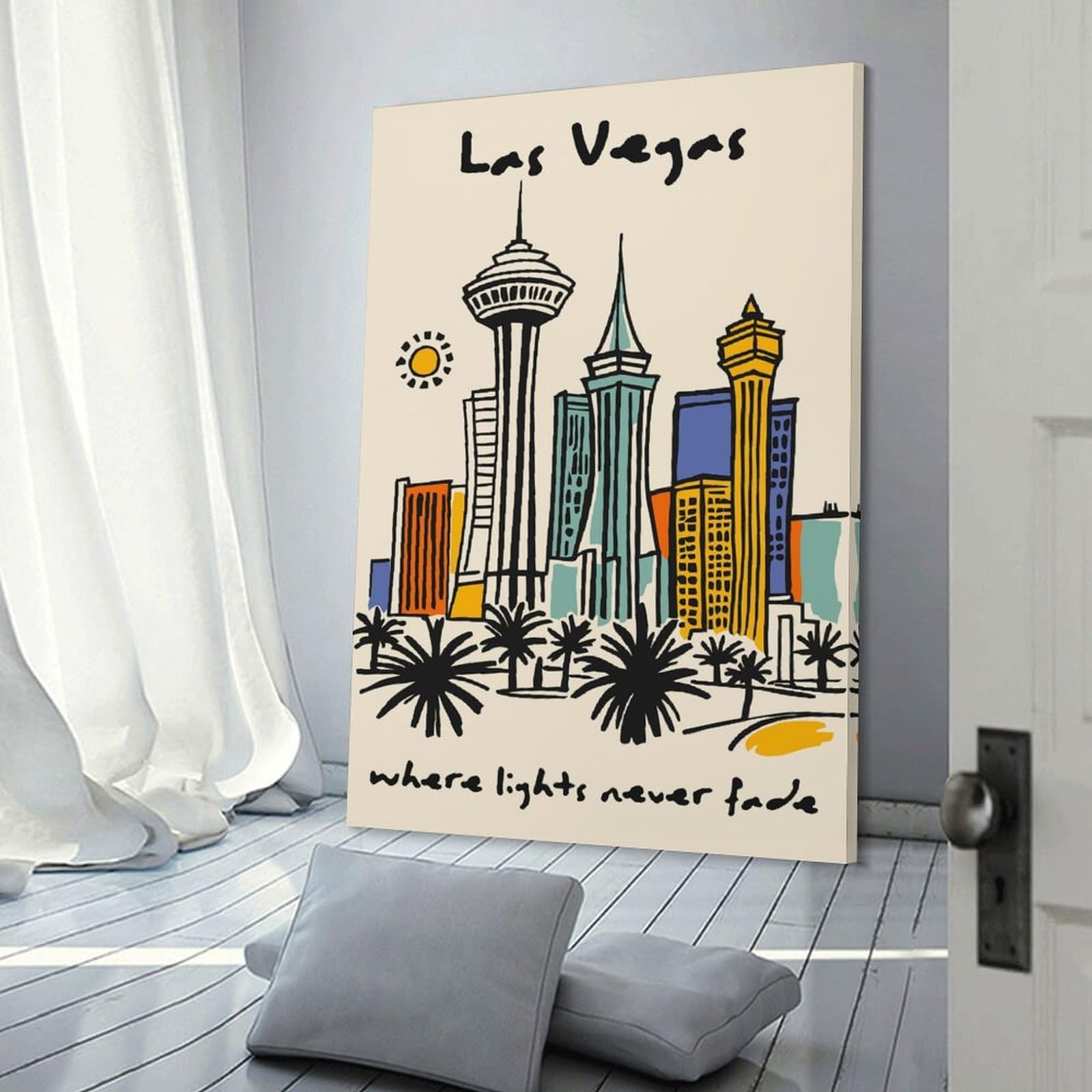 Junmoney Las Vegas Skyline Illustration Canvas Wall Picture, 20x30inch(50x75cm), for Picture Wall Styling in Lounge Or Bedroom, An Easy Match for Collected Prints