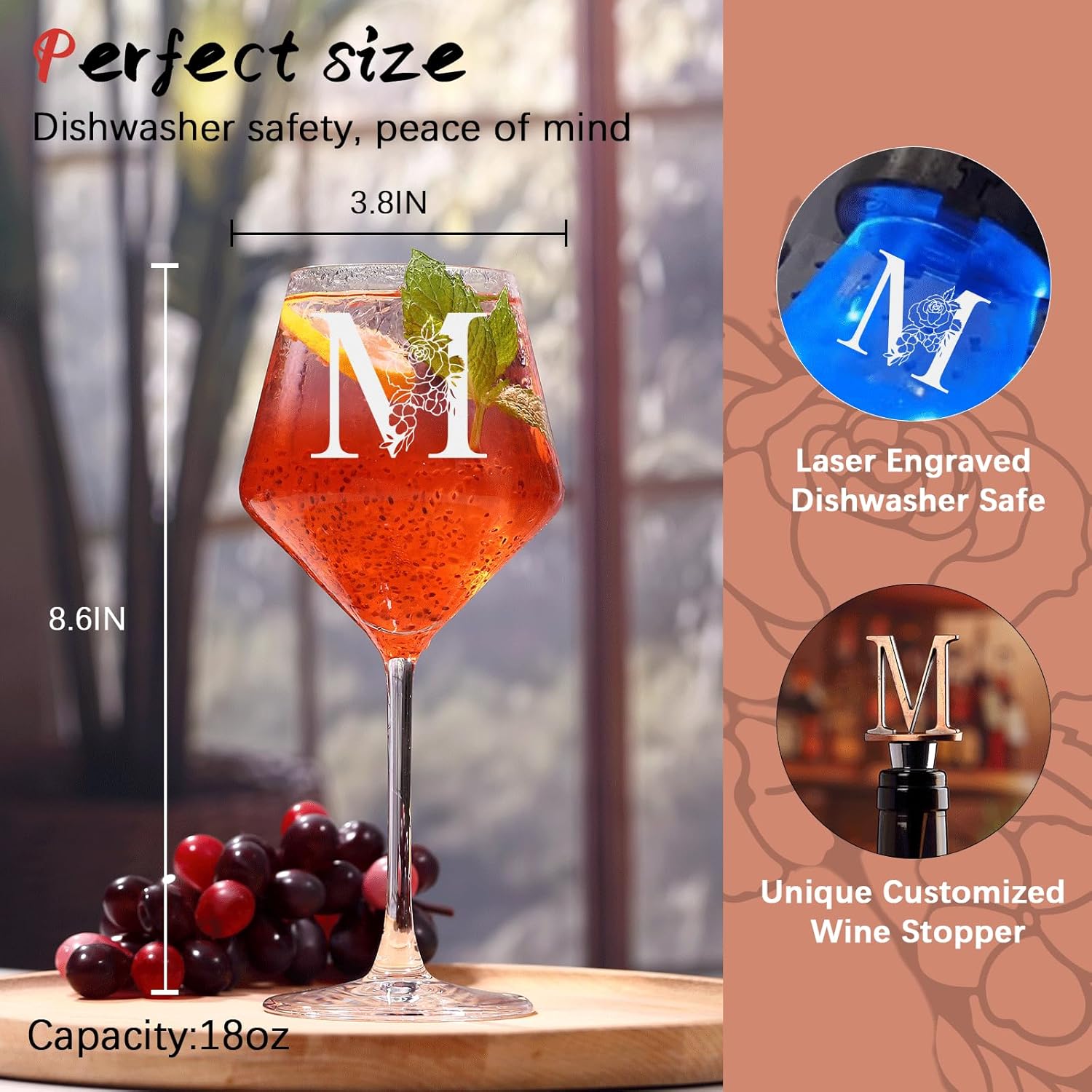 Personalized Gifts for Women, Monogrammed A-Z Wine Glass Customized Gift with Wine Stopper, Unique Christmas Birthday Gifts for Women Mom Friend Sister Wife -Dishwasher Safe (M) - Image 5