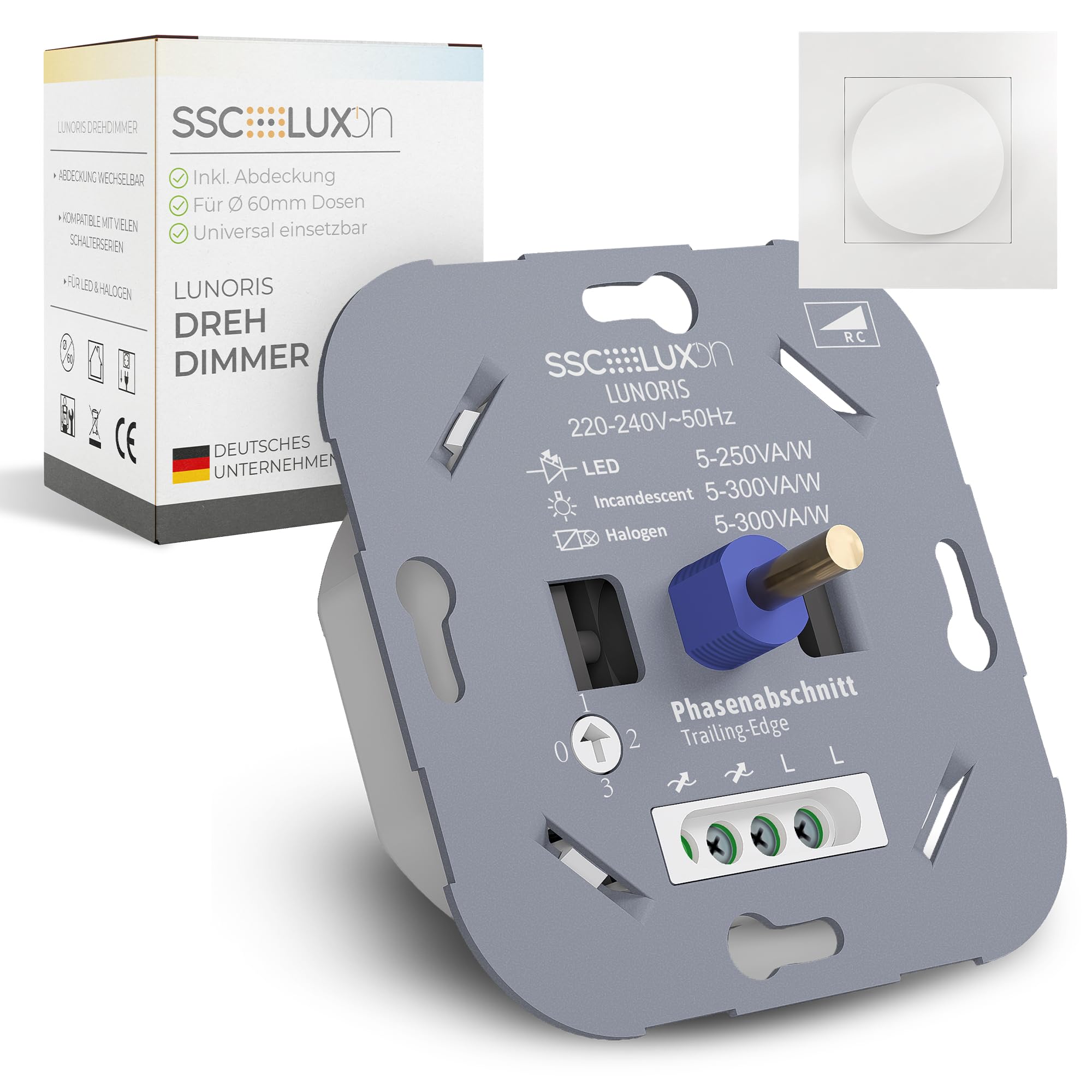 SSC-LUXon LUNORIS - Dimmer girevole universale, da incasso, 5 – 250 W, LED alogeno, a sezione di fase, 230 V, per presa da incasso, 60 mm, copertura bianca