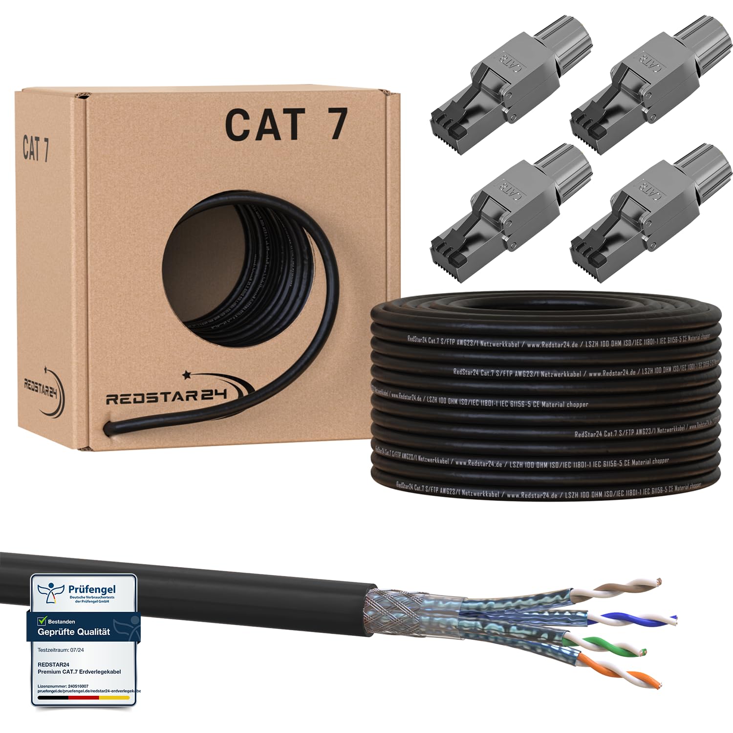 50m Cat7 Erdkabel Verlegekabel + 4x RJ45 Stecker Werkzeuglos CAT 8 Outdoor Lan Kabel Installationskabel CAT 7 Ethernet Netzwerk 1000MHz Datenkabel AWG23/1 Netzwerkkabel für Außenbereich UV-beständig