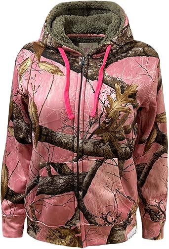 Realtree Womens Edge Pink Camo Zip-Up Polyester Fleece Sherpa Hoodie