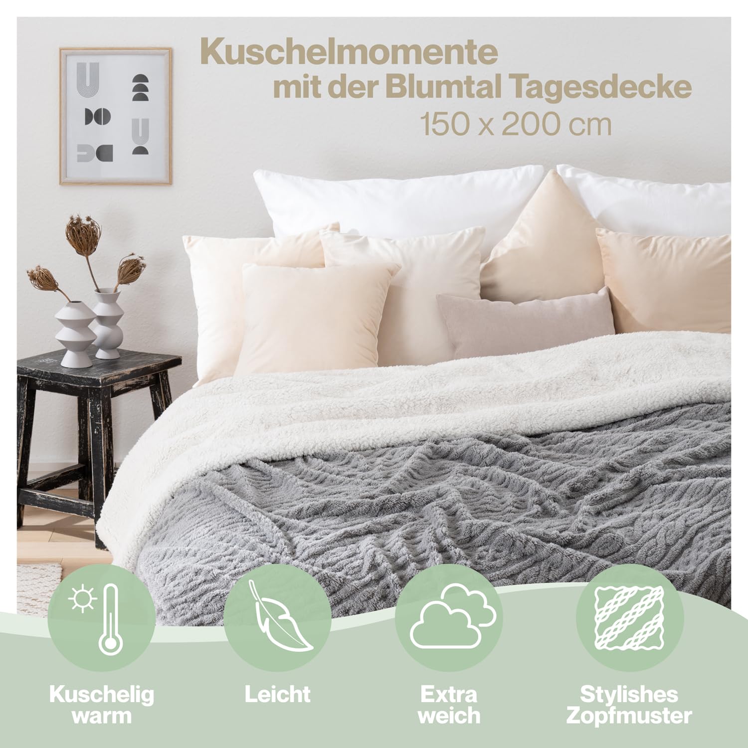 Blumtal Koc 150x200 cm z dzianinowym wzorem - Certyfikowany przez OEKO-TEX koc z mikrofibry z miękkim wnętrzem Sherpa - koc salonowy 150x200 - koc do prania Szary/Biały