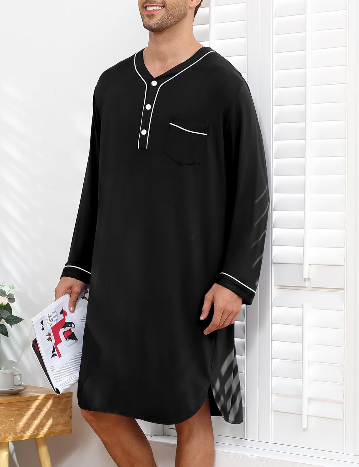SWOMOG Men's Nightshirt Long Sleeve Nightgown Soft Loose Sleepwear Lightweight Nightwear Comfy Henley Sleep Shirt M-3XL - Image 3