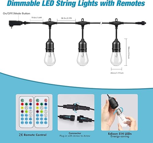 Miniatura 56 de Guirnalda de luces para exteriores de 24 pies, 12 bombillas LED Edison inastillables, regulables, RGB que cambian de color, luces impermeables