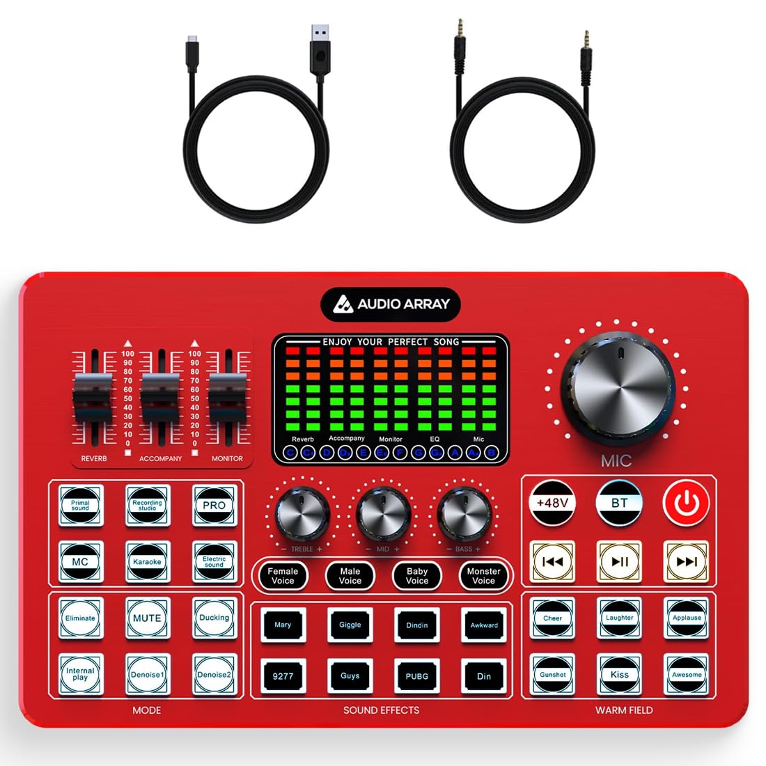 Audio Array AI-10 Professional Live Soundcard Mixer with Bluetooth | 3 Condenser Mic Inputs, 2 mobilephones & PC/Mac Outputs | +48V phantom power, 4 Voice Modes, Denoise, built-in FX | Gaming, Karaoke