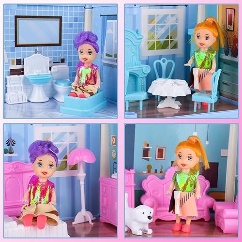 Miniatura 4 de Casas de muñecas para niñas, juguete de casa de muñecas de ensueño, casa de juegos de 4 pisos con 11 habitaciones con 2 muñecas, muebles y