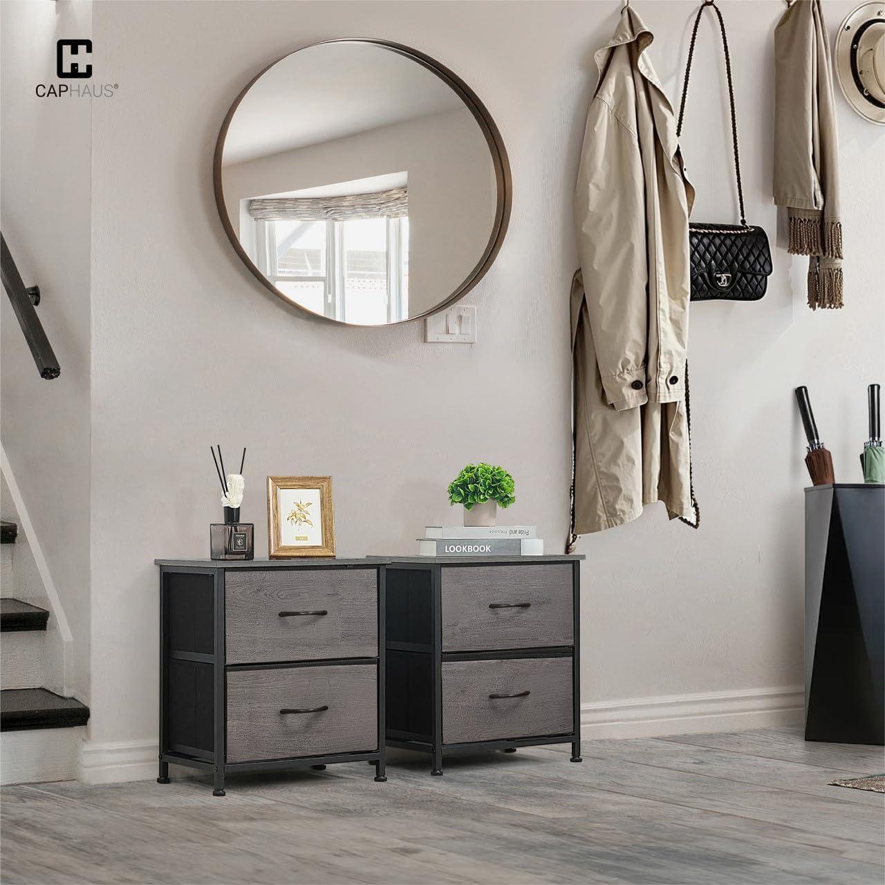 CAPHAUS Set of 2 Drawer Storage Tower w/ 2 Fabric Bins, Nightstand w/ 2 Drawers, Sorting Unit, Chest of Drawers, Organizer w/ P2 Board Top & Fabric Bins, Organizer Unit for Multi-purpose, Grey Oak