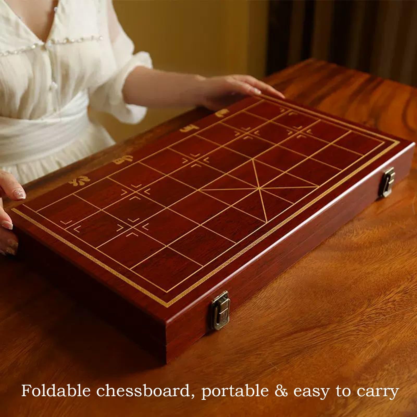 Chinesisches Schachspiel-Set, tragbares Xiangqi aus Buchenholz mit faltbarem Holzbrett, Tisch-Strategiespiel for 2 Spieler, for Teenager, Erwachsene und Familien(Size:3.8cm/1.5in)