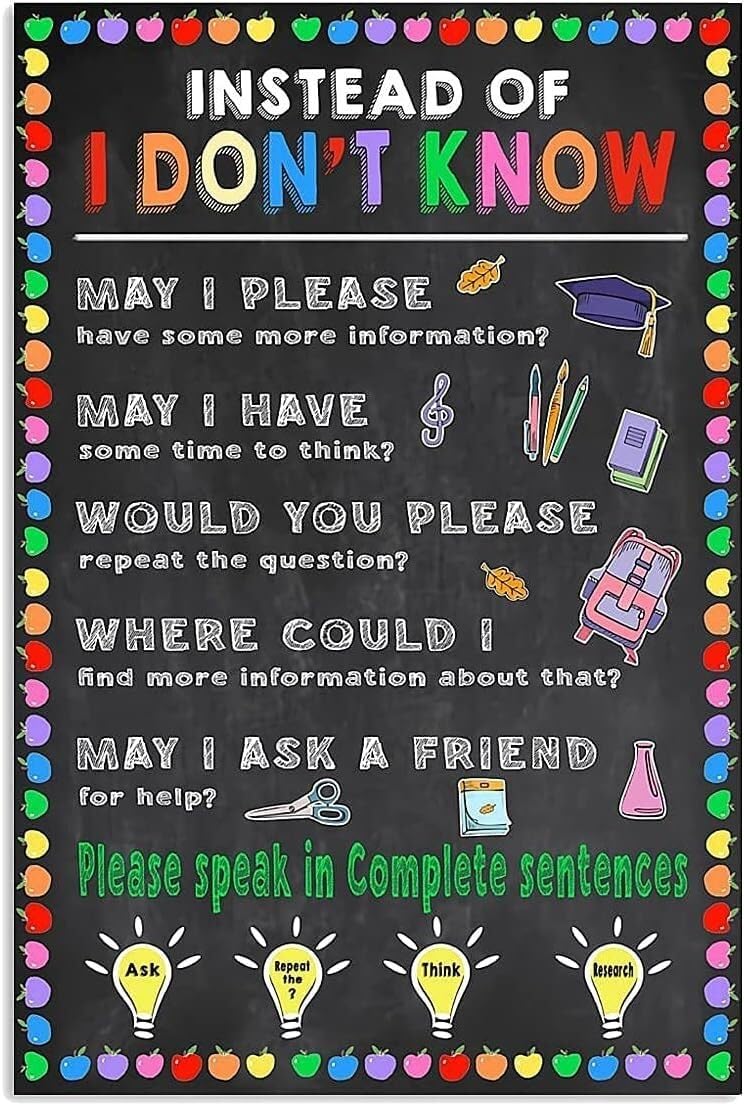 ZDVHOMCB Teacher Poster Instead of I Don’t Know Classroom Rules Growth Mindset Encouraging Sign for Classroom Decor Framed,08x12inch(20x30cm)
