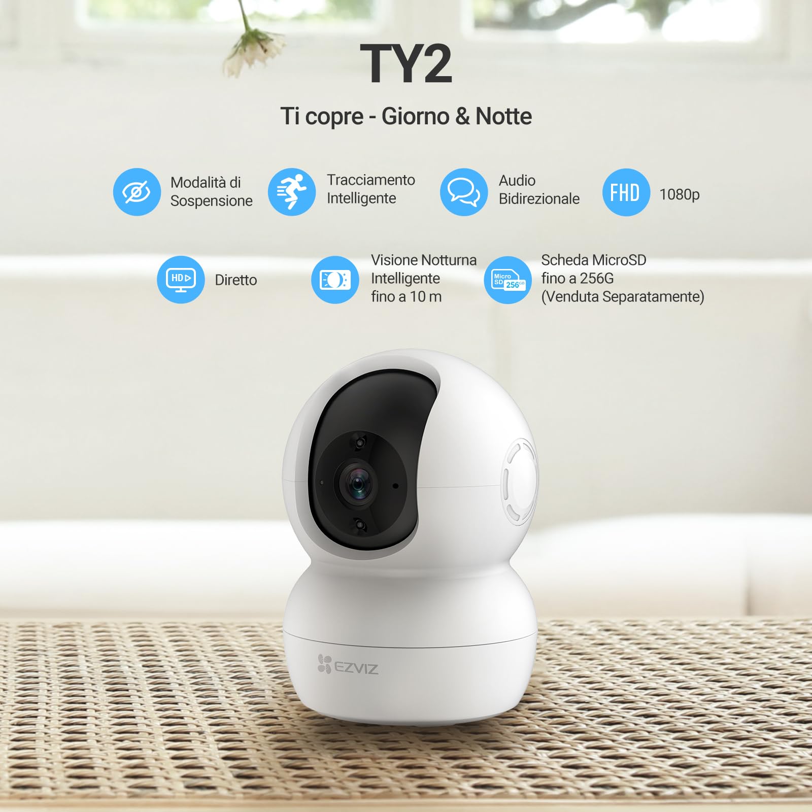 EZVIZ TY2 Telecamera da Interno Wifi IP 1080p Grandangolare Visione Notturna Audio Due Vie Compatibile con Alexa