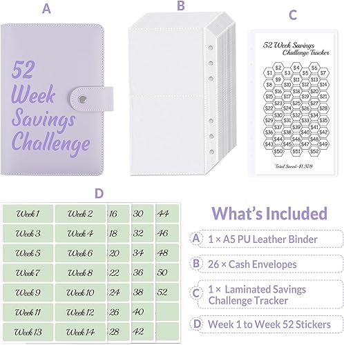 Miniatura 3 de SKYDUE Carpeta de desafío de ahorro de dinero de 52 semanas, carpeta de ahorro de dinero A6 con libro de desafíos de ahorro y sobres de efectivo,
