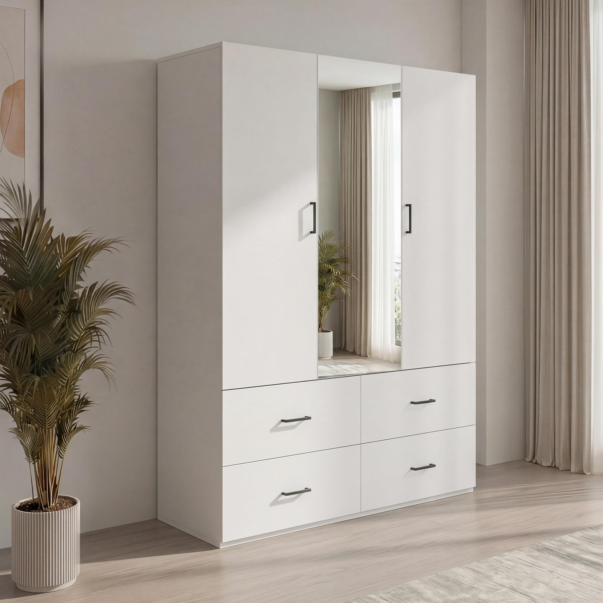 Armadio con Specchio, Armadio per Camera da Letto con 2 Ante e 4 Cassetti, Armadio moderno, Armadio in legno laminato, 130x51.8x181.5 cm, Bianco (Specchio al centro, 130x51.8x181.5 cm)