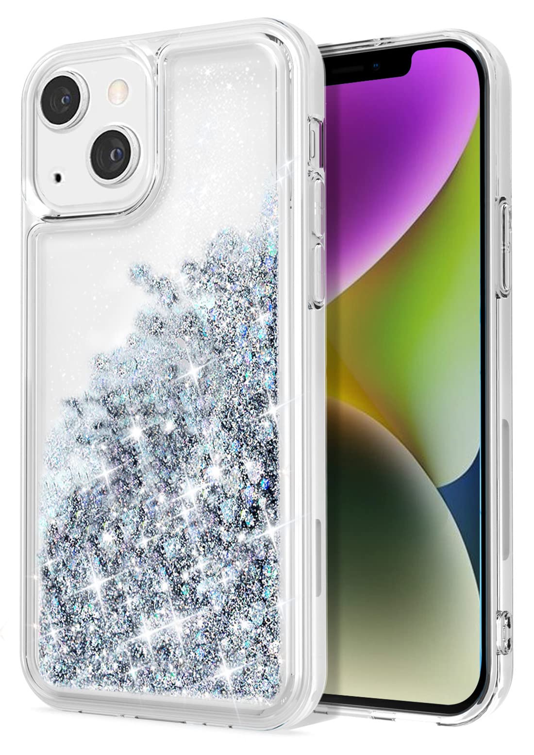 WORLDMOMfor iPhone 14 Case,Bling Moving Liquid Floating Sparkle Colorful Glitter Waterfall TPU Protective Case for iPhone 14 [6.1 inch 2022], Silver