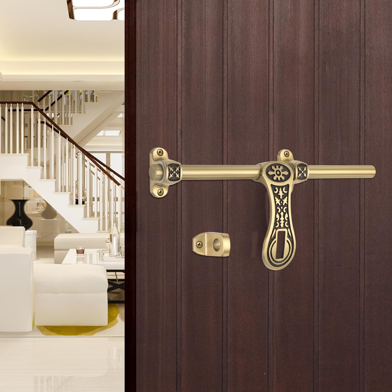 Plus Point Heavy Duty SS304 Donaldo Door Fittings Aldrop | Main Double Door Hardware Aldrops | Latch for Home Gate, Brass Antique Finish (16×250mm)-image-8