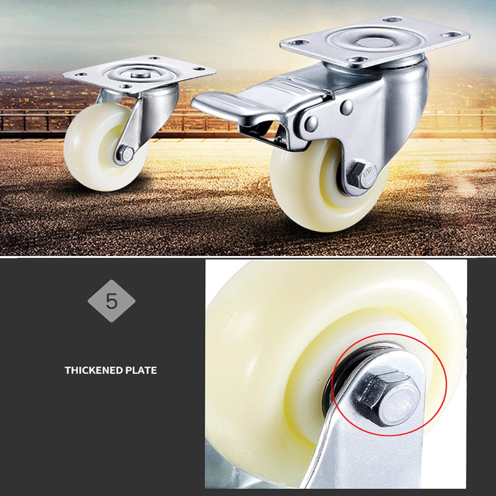 4 robuste Lenkrollen for Möbel, Tischwagen, Bett, Werkbank | 360-Grad-Oberplatte mit gebremsten Nylon-Möbelrollen, Tragfähigkeit 400 kg, leises Rollen(Standard+swivel,2.5in/63mm)