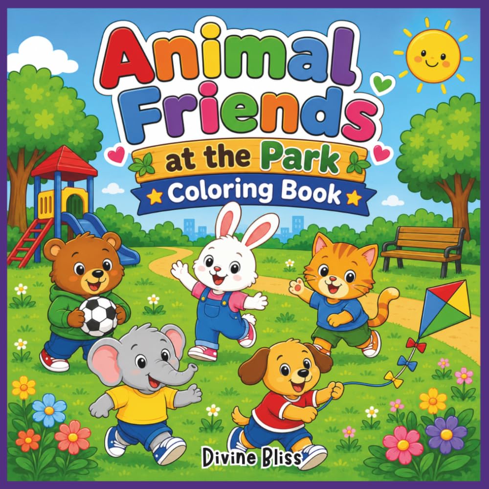 Animal Friends at the Park Coloring Book: Fun, Bold, and Easy Animal Coloring Book for Kids Ages 3-8 with Playground, Picnic, Sports, and Park Adventures