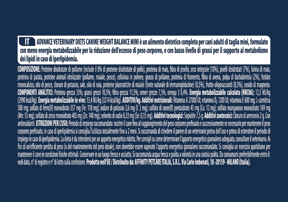 Advance Veterinary Diets Weight Balance Mini Cibo per Cani 3kg