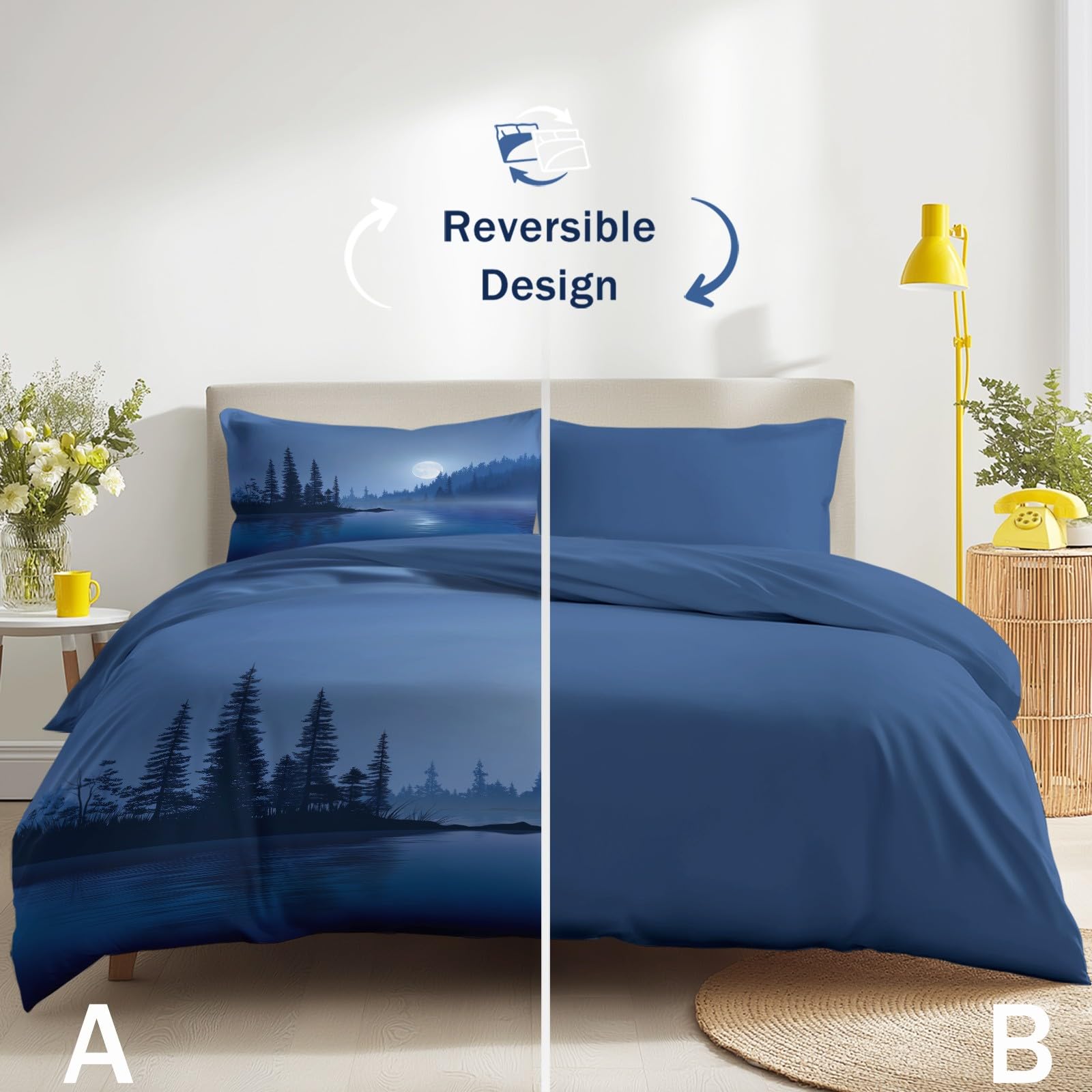 Set di biancheria da letto da 220 x 240 cm, meravigliosamente calmo, mistico, elegante, natura, paesaggio, lago e foresta, reversibile, in microfibra, traspirante, per bambini e adulti, con chiusura