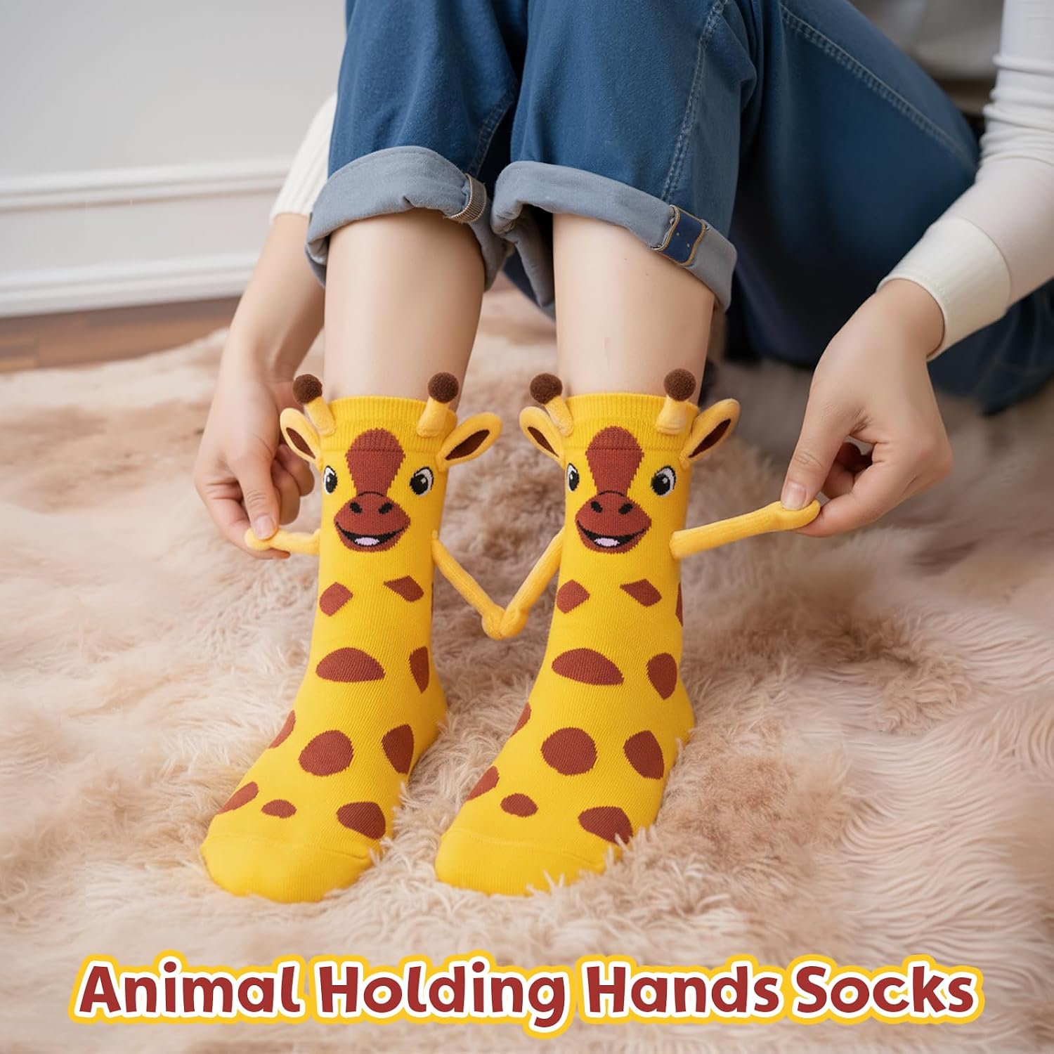 Funny Animal Giraffe Socks, Magnetic Hand Holding Crazy Socks for Kids Women Friends Christmas White Elephant Gifts