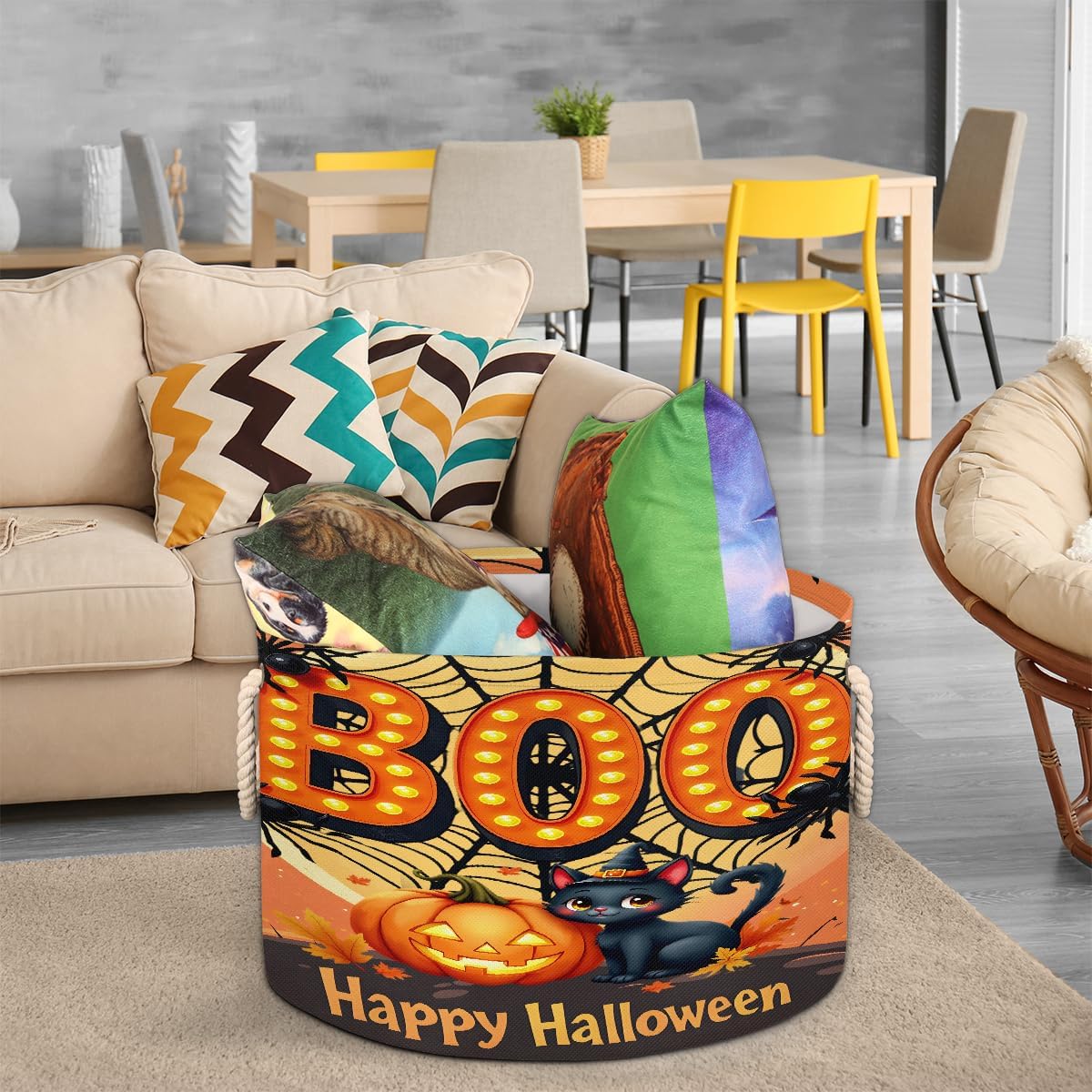 Halloween Black Cat Pumpkin Boo Large Round Storage Basket Collapsible Circle Storage Bin Laundry Hamper With Handle for Kids Toy Blanket Clothes Towel Living Room Nursery Storage Organizer Decor